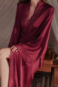 Willluxe® Soft Lace Trim Flared Long Sleeves Elegant Satin Robe