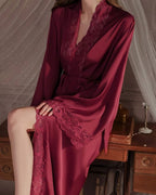 Willluxe® Soft Lace Trim Flared Long Sleeves Elegant Satin Robe