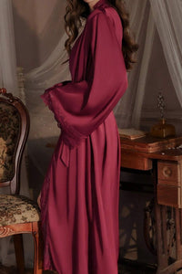 Willluxe® Soft Lace Trim Flared Long Sleeves Elegant Satin Robe