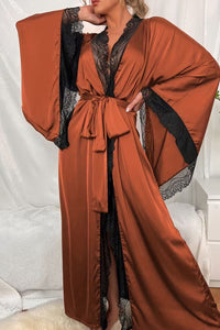 Willluxe® Soft Lace Trim Flared Long Sleeves Elegant Satin Robe