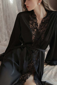Willluxe® Soft Lace Trim Flared Long Sleeves Elegant Satin Robe