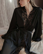 Willluxe® Soft Lace Trim Flared Long Sleeves Elegant Satin Robe