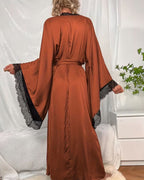 Willluxe® Soft Lace Trim Flared Long Sleeves Elegant Satin Robe