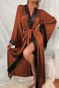 Willluxe® Soft Lace Trim Flared Long Sleeves Elegant Satin Robe