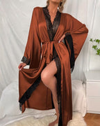 Willluxe® Soft Lace Trim Flared Long Sleeves Elegant Satin Robe