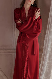Willluxe® Soft Lace Trim Flared Long Sleeves Elegant Satin Robe