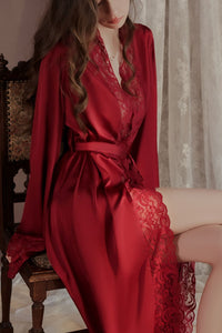 Willluxe® Soft Lace Trim Flared Long Sleeves Elegant Satin Robe
