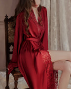 Willluxe® Soft Lace Trim Flared Long Sleeves Elegant Satin Robe