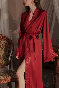 Willluxe® Soft Lace Trim Flared Long Sleeves Elegant Satin Robe