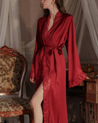 Willluxe® Soft Lace Trim Flared Long Sleeves Elegant Satin Robe