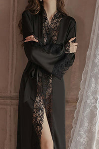 Willluxe® Soft Lace Trim Flared Long Sleeves Elegant Satin Robe