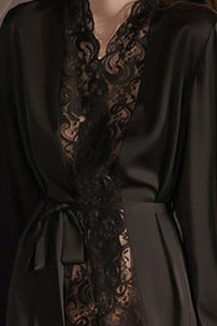 Willluxe® Soft Lace Trim Flared Long Sleeves Elegant Satin Robe