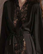 Willluxe® Soft Lace Trim Flared Long Sleeves Elegant Satin Robe