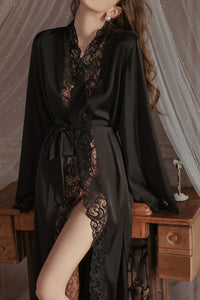 Willluxe® Soft Lace Trim Flared Long Sleeves Elegant Satin Robe