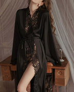 Willluxe® Soft Lace Trim Flared Long Sleeves Elegant Satin Robe
