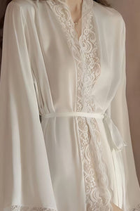 Willluxe® Soft Lace Trim Flared Long Sleeves Elegant Satin Robe