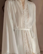 Willluxe® Soft Lace Trim Flared Long Sleeves Elegant Satin Robe