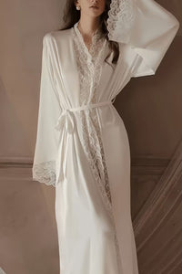 Willluxe® Soft Lace Trim Flared Long Sleeves Elegant Satin Robe