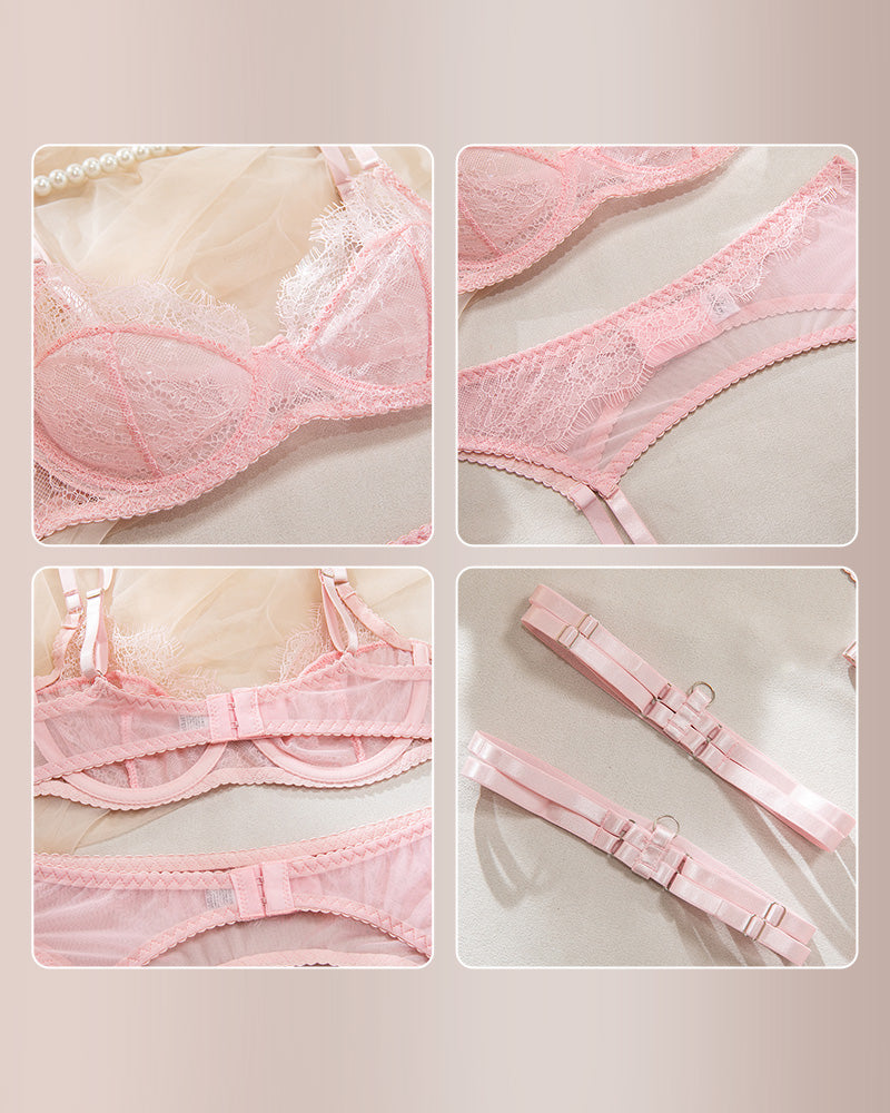 Willluxe® Midnight Allure French Lace 4-Piece Garter Lingerie Set