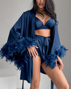 Willluxe® Satin Feather Trim 3-Piece Pajama Set