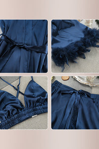 Willluxe® Satin Feather Trim 3-Piece Pajama Set