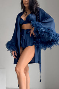 Willluxe® Satin Feather Trim 3-Piece Pajama Set