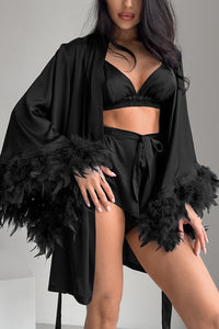 Willluxe® Satin Feather Trim 3-Piece Pajama Set