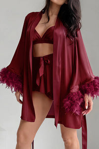 Willluxe® Satin Feather Trim 3-Piece Pajama Set