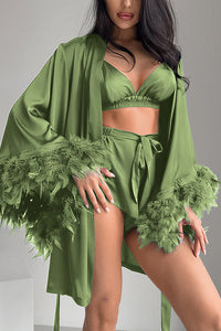 Willluxe® Satin Feather Trim 3-Piece Pajama Set