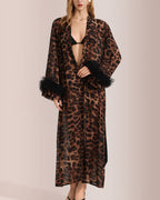 Willluxe® Glamorous Leopard Print Long Robe with Feather Cuffs