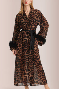 Willluxe® Glamorous Leopard Print Long Robe with Feather Cuffs