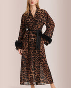 Willluxe® Glamorous Leopard Print Long Robe with Feather Cuffs