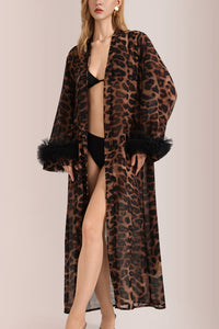 Willluxe® Glamorous Leopard Print Long Robe with Feather Cuffs