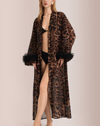 Willluxe® Glamorous Leopard Print Long Robe with Feather Cuffs