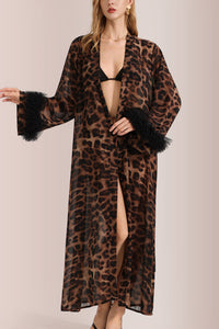 Willluxe® Glamorous Leopard Print Long Robe with Feather Cuffs