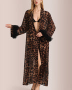 Willluxe® Glamorous Leopard Print Long Robe with Feather Cuffs