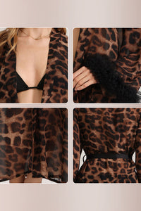 Willluxe® Glamorous Leopard Print Long Robe with Feather Cuffs