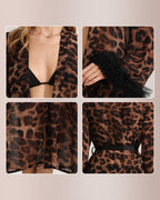 Willluxe® Glamorous Leopard Print Long Robe with Feather Cuffs