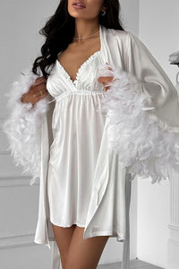 Willluxe® Feather Trim Satin Robe & Slip Dress Loungewear Set