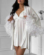 Willluxe® Feather Trim Satin Robe & Slip Dress Loungewear Set