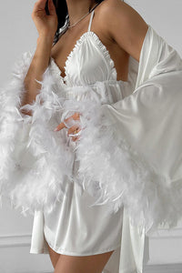 Willluxe® Feather Trim Satin Robe & Slip Dress Loungewear Set