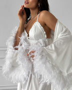 Willluxe® Feather Trim Satin Robe & Slip Dress Loungewear Set