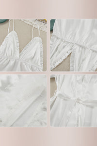 Willluxe® Feather Trim Satin Robe & Slip Dress Loungewear Set