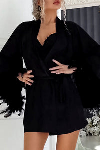 Willluxe® Feather Trim Satin Robe & Slip Dress Loungewear Set