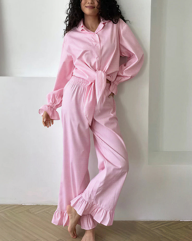 Willluxe® Sweetheart Pink Plaid Ruffle 2-Piece Loungewear Set