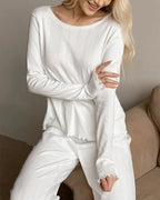 Willluxe® Ribbed Knit Long Sleeve Loungewear Set with Lettuce Trim