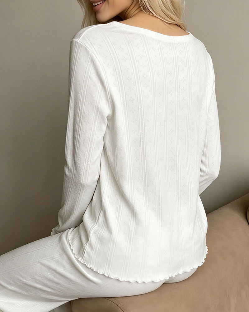 Willluxe® Ribbed Knit Long Sleeve Loungewear Set with Lettuce Trim