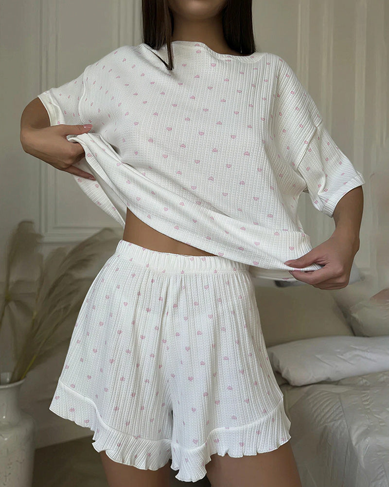 Willluxe® Sweetheart Waffle Knit Loungewear Set with Ruffle Shorts