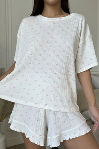 Willluxe® Sweetheart Waffle Knit Loungewear Set with Ruffle Shorts