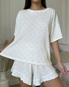 Willluxe® Sweetheart Waffle Knit Loungewear Set with Ruffle Shorts